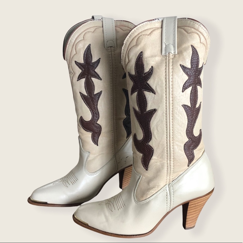 Vintage 1970’s Acme inlaid high heeled cowboy cowgirl boots 7 M